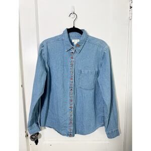 Vintage Collared Denim Button Down Shirt Embroidered Fall Motif Pumpkins Autumn